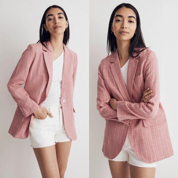 Plaid Larsen Blazer in 100% Linen | Madewell S Cafe Pink - Picture 1 of 6